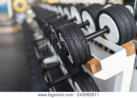 Rows Of Dumbbells In The Gym With Hign Contrast Light