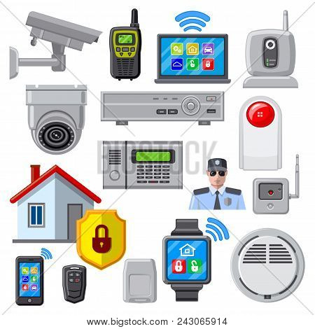 Illustration Depicting The Security System. Sensors, Surveillance Camera, As Well As Other Security 