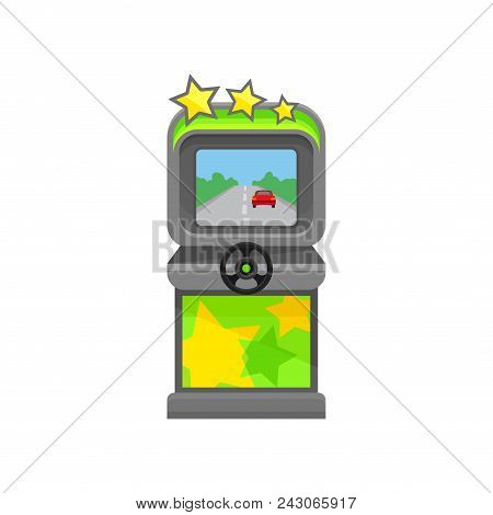 Racing Car Arcade Machine Decorated With Stars. Video Game With Gaming Steering Wheel. Graphic Eleme