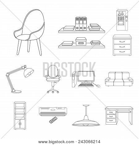 Interior Of The Workplace Outline Icons In Set Collection For Design. Office Furniture Vector Symbol