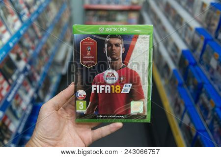 Bratislava, Slovakia, Circa May 2018: Man Holding Fifa 18 With Russia World Cup 2018 Cover Videogame