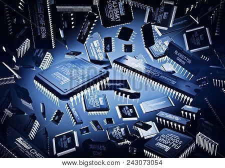 Background of micro chip and new technologies on blue with spot light. Computer parts artificial intelligence of learning machine future. 3d rendering.