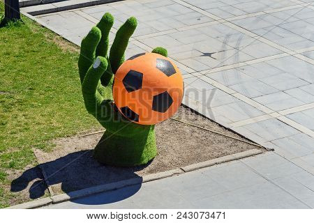 Yekaterinburg, Russia - May 23, 2018: Installation Of The Hand With Ball For World Cup On Historical