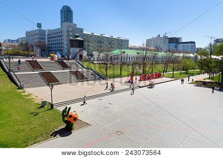 Yekaterinburg, Russia - May 23, 2018: View Of Historical Square On Iset River In Center Of City