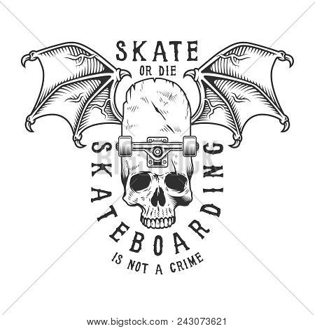 Vintage Monochrome Sport Skateboarding Logotype With Winged Skull Skateboard And Inscriptions Isolat