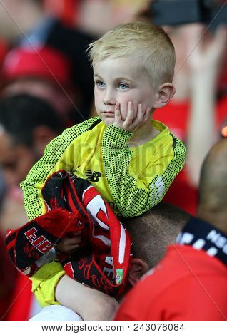 Kyiv, Ukraine - May 26, 2018: Young Liverpool Supporter Reacts After His Team Lost The Uefa Champion