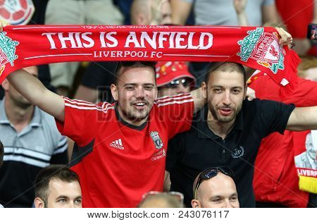 Kyiv, Ukraine - May 26, 2018: Liverpool Supporters Show Their Support During The Uefa Champions Leag