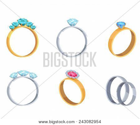 Precious Gold And Silver Rings With Gems Vector Icons Set. Wedding Rings With Diamonds Flat Vector I