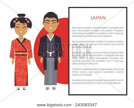 Japan Traditions And Customs Represented By Japanese People, Woman Wearing Red Kimono, Man In Nation