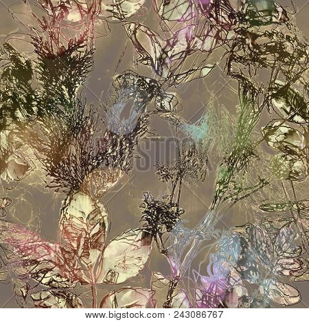 art vintage blurred colorful old gold, brown, red and black watercolor and graphic floral seamless pattern with peonies, gerbera, grasses and leaves on white background. Double Exposure and Bokeh effe