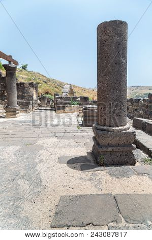 The Remains Of Columns In Ruins Of The Dir Aziz Synagogue, Built In The Byzantine Period, At The Beg