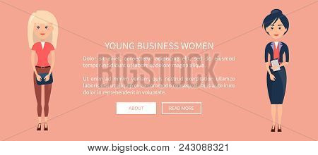Young Business Woman Isolated On Pink Backdrop, Vector Illustration With White Text Sample, Two Ladi