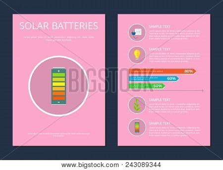 Solar Batteries, Set Of Posters, With Image Of Panel, And Headline, Text Sample, And Icon Of Circula