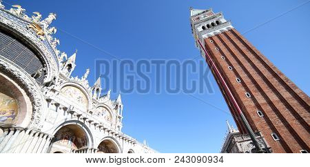 Venice In Italy The High Bell Tower Of The Basilica Of San Marco Classic Tourist Attractions Of The 