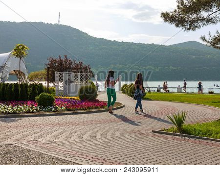 Abrau-durso - May 5, 2018: People Rest At The Mountain Lake Abrau. Abrau-durso, Krasnodar Region, Ru
