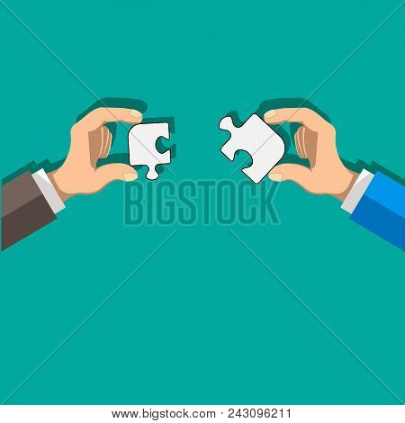 Two Businessmen Hold The Puzzle On Their Hands. Development, Partnership And Corporation. Stock Vect