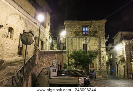 Stilo, Italy - June 10, 2017: Night Old Medieval Stilo Famos Calabria Village Street View, Southern 
