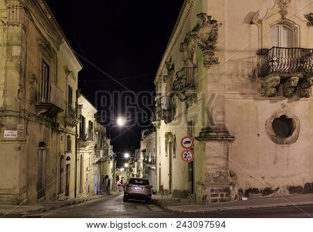 Ragusa, Italy - June 12, 2017: Night Old Medieval Ragusa Famos Sicilian Town Street View (sicily, It