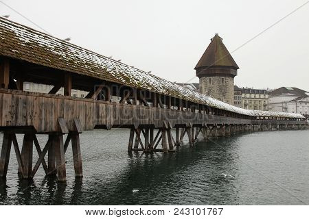 View Of Chapel Bridge In Lucerne In Winter Time In Switzerland