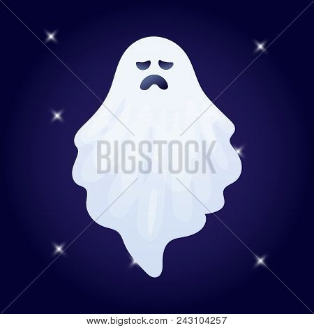 Vector Illustration, Cartoon Halloween Ghost Character On A Dark Background.