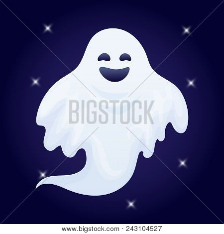 Vector Illustration, Cartoon Halloween Ghost Character On A Dark Background.