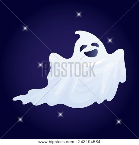 Vector Illustration, Cartoon Halloween Ghost Character On A Dark Background.
