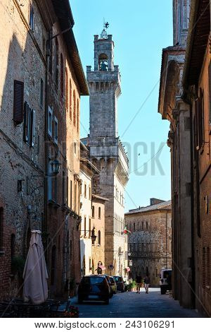 Montepulciano, Italy - June 23, 2017: Communal Palace Tower, Designed By Michelozzo,15th Century. Pr