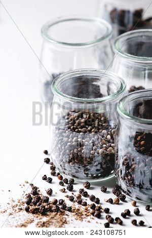 Variety Of Different Black Peppers Allspice, Pimento, Long Pepper, Monks Pepper, Peppercorns And Gro