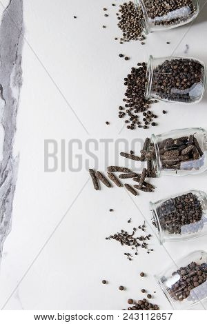 Variety Of Different Black Peppers Allspice, Pimento, Long Pepper, Monks Pepper, Peppercorns And Gro