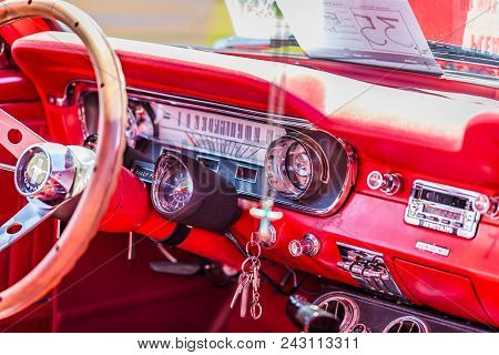 Shallow Depth Of Field Closeup Of The Dashboard Details On A Classic 1965 Ford Mustang 2plus2 Fastba