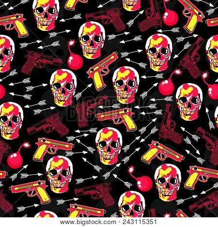 Original Seamless Pattern With Bright Skulls, Guns, Arrow And Bombs. Crazy Background With Dangerous