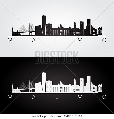 Malmo Skyline And Landmarks Silhouette, Black And White Design, Vector Illustration.