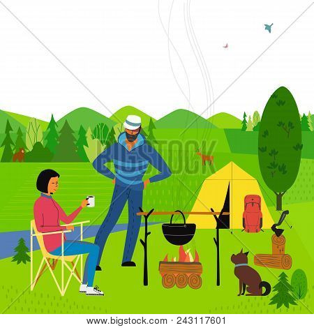 Campfire Meal Cooking. Colorful Summer Landscape Cartoon. Couple Of Campers Cook Food On Fire In Tou