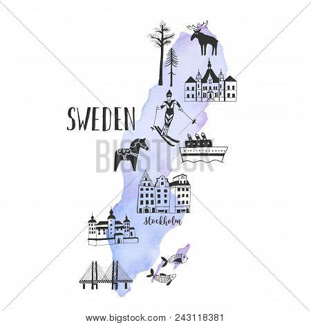 Vector Watercolor Map With Hand-drawn Illustrations Of Famous Sights, Places And Landmarks Of Sweden