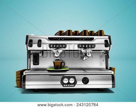 Modern Coffee Machine With Set Of Brown Cups For Preparing Coffee 3d Render Isolated Against Blue Ba