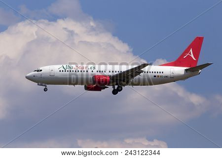 Borispol, Ukraine - May 25, 2018: Ec-lnc Alba Star Boeing 737-400 Aircraft On The Cloudy Sky Backgro