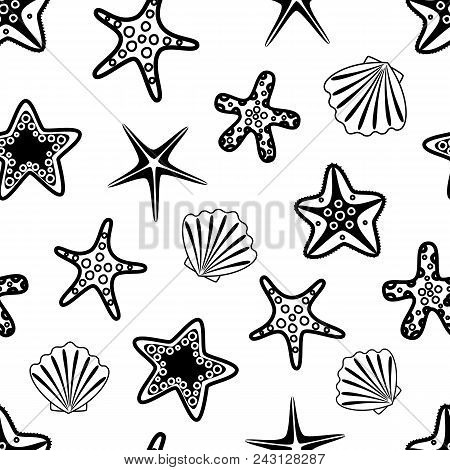 Seamless Pattern With Black Seashells And Starfishes. Underwater Background. Vector Illustration.