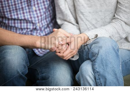 Support In Marriage Concept, Close Up View Of Couple Holding Hands Expressing Sympathy And Hope, Ove
