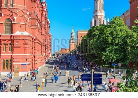 Moscow, Russia - May 27, 2018: Tourists Follow The Kremlevskiy Passage Between State Historical Muse