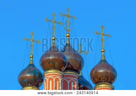 Ancient Domes Of The Orthodox Russian Church With Crosses. Church Of St. Nicholas In Moscow.