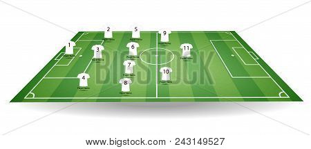 Top And Side View Of Football Field With Team Players T-shirt. Textured Soccer Field In Perspective.