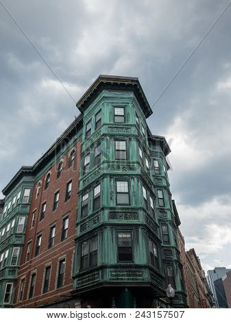 Copper Tripartite, Bay Windows In The North End Neighborhood Of Boston, Massachusetts.