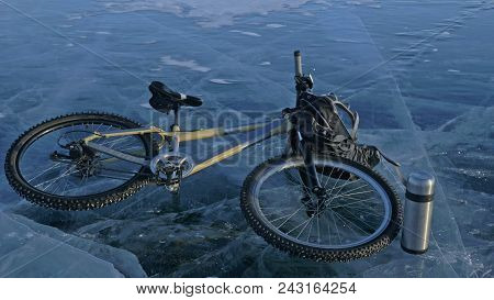Man And His Bicycle On Ice. He Looks At The Beautiful Ice In The Cracks. First-person View. The Cycl