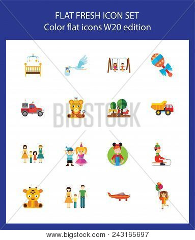 Icon Set Of Childhood Symbols. Family, Toys, Childcare. Children Concept. For Topics Like Parenthood