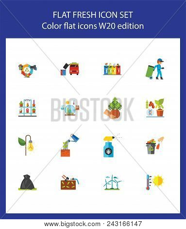 Nineteen Ecology And Recycling Flat Vector Icons Collection On White Background. Can Be Used For Top