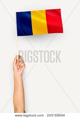 Person waving the flag of Romania