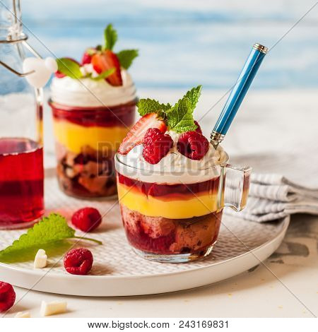 Fruit Cake, Jelly, Custard, Berry And White Cocolate Whipped Cream Individual Trifles, Square