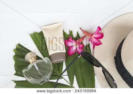 Natural Cosmetics For Skin Face Sunscreen Spf50 And Perfume Hat Sunglasses Of Lifestyle Woman Relax 