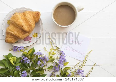 Hot Coffee With Dessert Snack And Good Morning Message Card On Background White Wooden