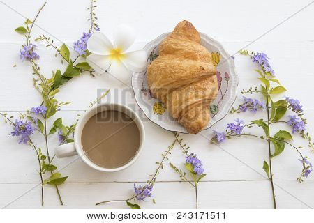 Hot Coffee With Dessert Bakery And Flower Arrangement On Background White Wooden Flat Lay Style